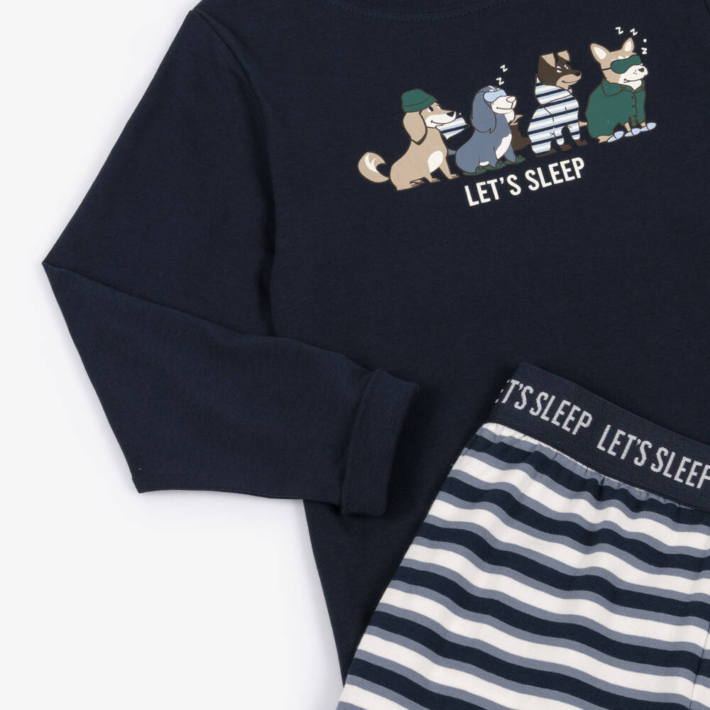 NAME IT-Boys Navy Blue Stripe Cotton Jersey Pyjamas with Dog Print | Childrensalon