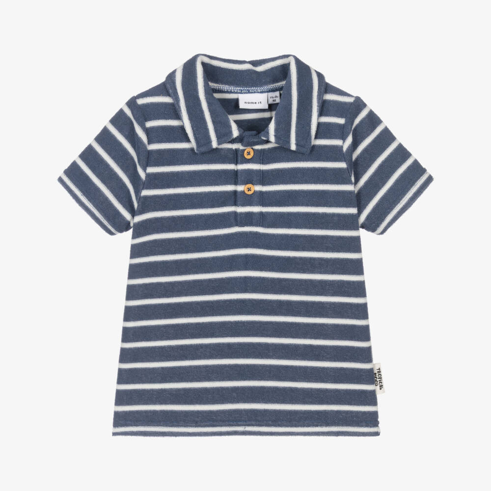 NAME IT-Boys Navy Blue Striped Towelling Polo Shirt | Childrensalon