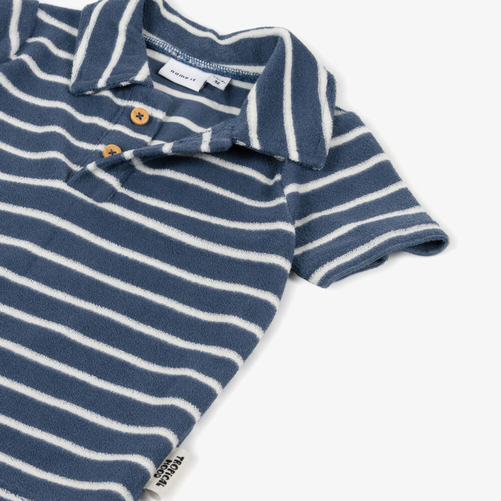 NAME IT-Boys Navy Blue Striped Towelling Polo Shirt | Childrensalon