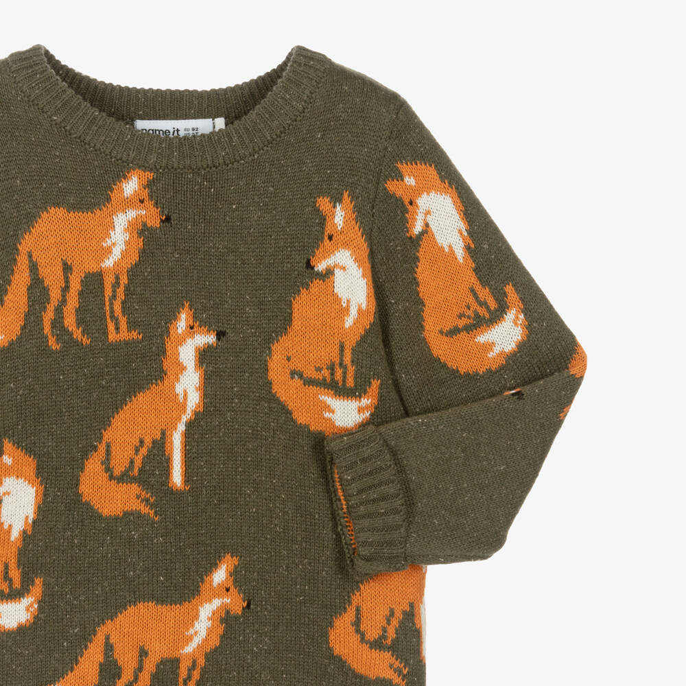 NAME IT-Boys Olive Green Fox Intarsia Knit Sweater | Childrensalon