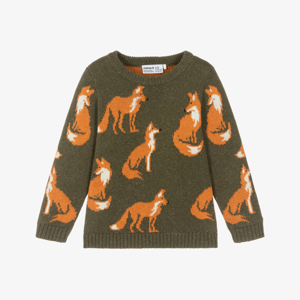 NAME IT-Boys Olive Green Fox Intarsia Knit Sweater | Childrensalon