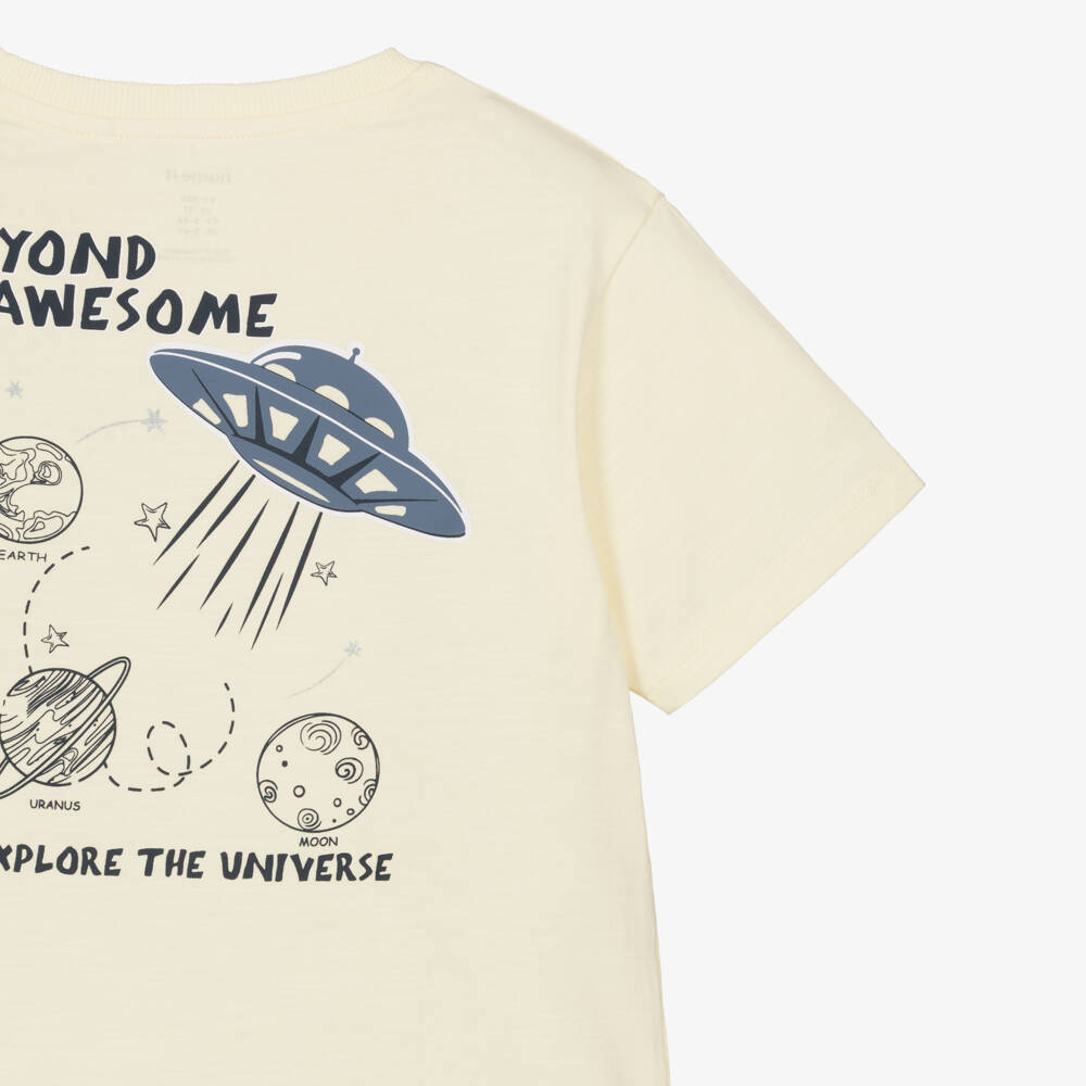 NAME IT-Boys Pale Yellow Organic Cotton T-Shirt with Space Print | Childrensalon