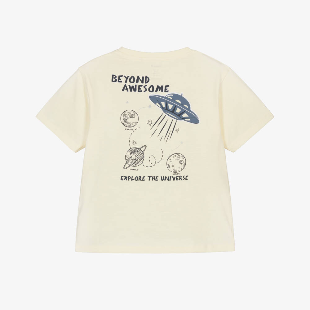 NAME IT-Boys Pale Yellow Organic Cotton T-Shirt with Space Print | Childrensalon