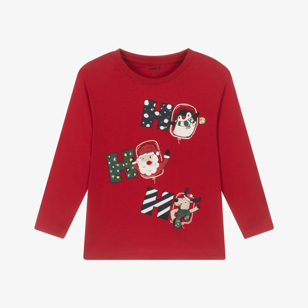 NAME IT-Boys Red Cotton Festive Long Sleeved Top | Childrensalon