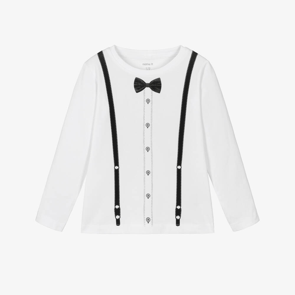 NAME IT-Boys White Cotton Bow Tie & Braces Print Top | Childrensalon