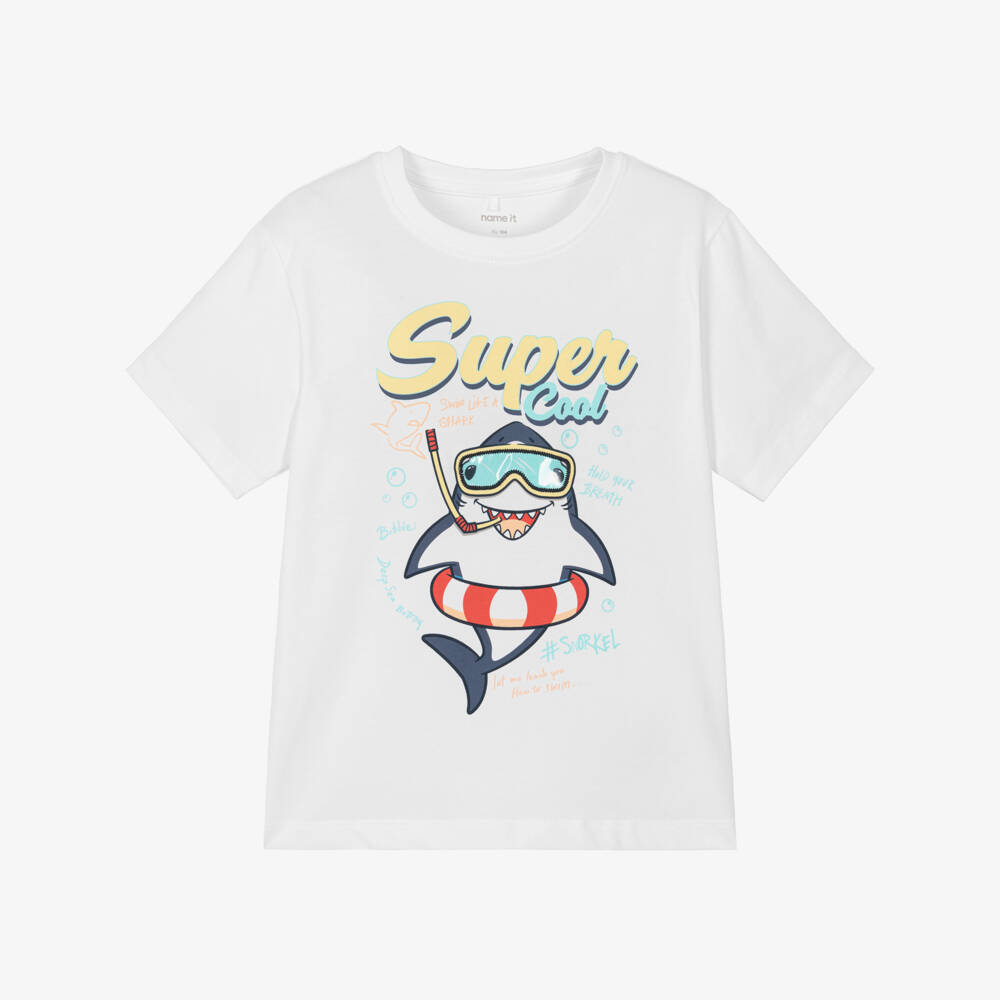 NAME IT-Boys White Cotton T-Shirt with Shark Graphic | Childrensalon