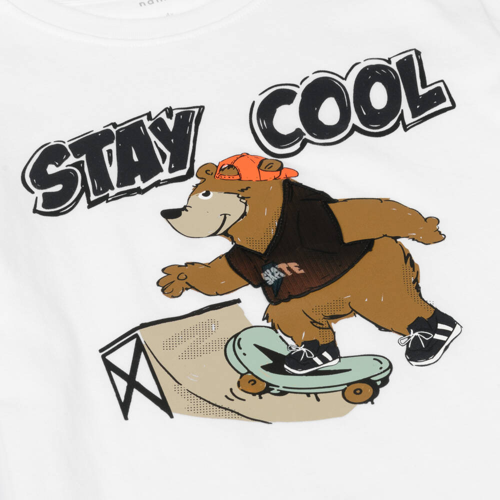 NAME IT-Boys White Organic Cotton Skateboarding Bear T-Shirt | Childrensalon