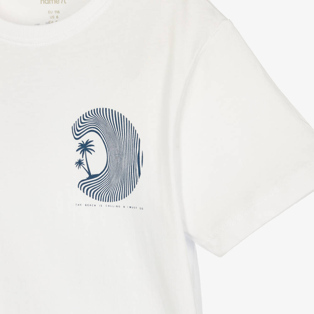 NAME IT-تيشيرت قطن عضوي بطبعة شاطئ لون أبيض للأولاد | Childrensalon