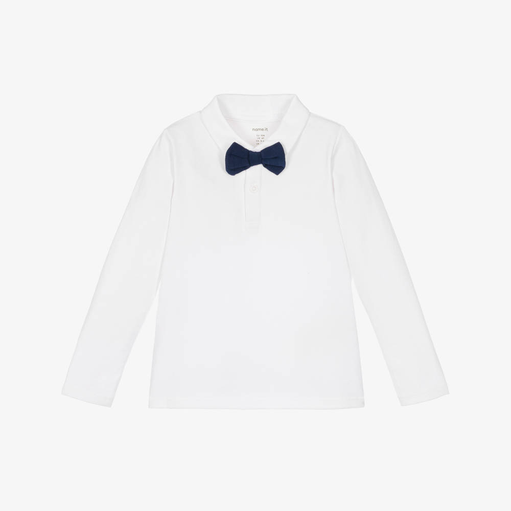 NAME IT-Boys White Piqué Polo Shirt with Bow Tie | Childrensalon