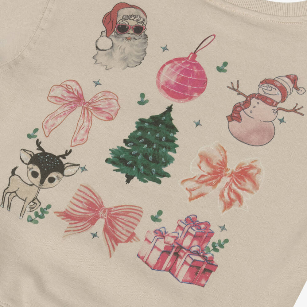 NAME IT-Girls Beige Cotton Festive Print Sweatshirt | Childrensalon