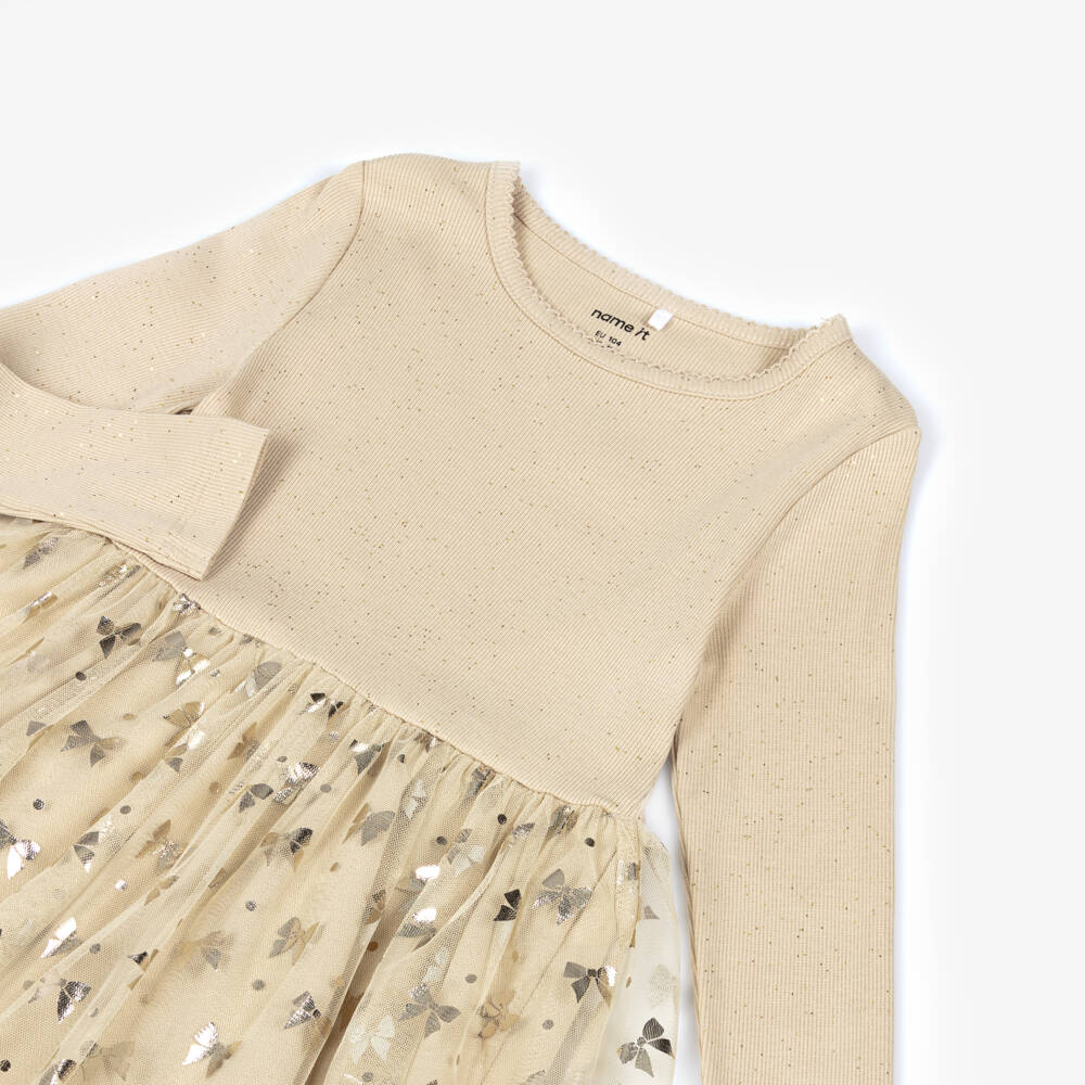 NAME IT-Girls Beige Cotton Jersey & Tulle Bow Print Dress  | Childrensalon