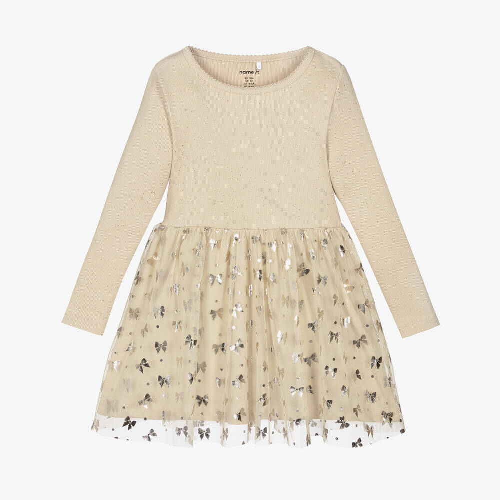 NAME IT-Girls Beige Cotton Jersey & Tulle Bow Print Dress  | Childrensalon