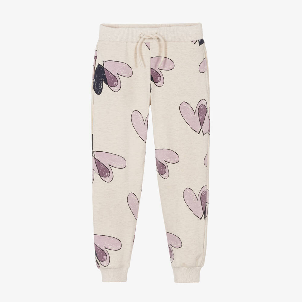 NAME IT-Girls Beige Cotton Joggers with Purple Hearts Print | Childrensalon