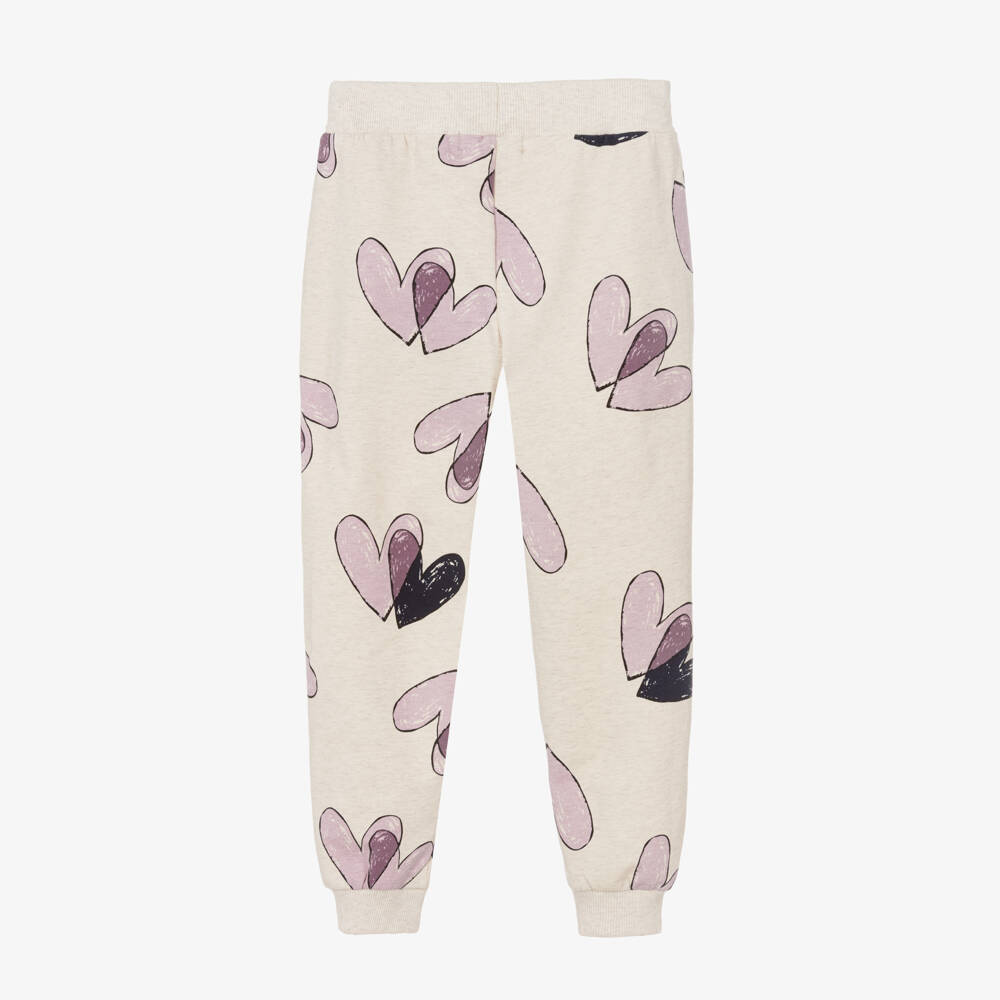 NAME IT-Girls Beige Cotton Joggers with Purple Hearts Print | Childrensalon