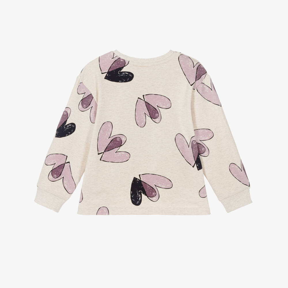 NAME IT-Girls Beige Cotton Sweatshirt with Purple Hearts Print | Childrensalon