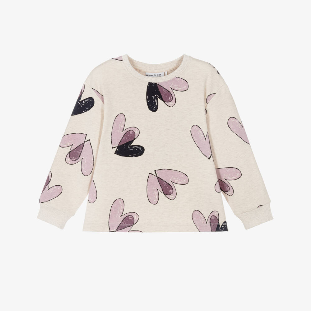NAME IT-Girls Beige Cotton Sweatshirt with Purple Hearts Print | Childrensalon