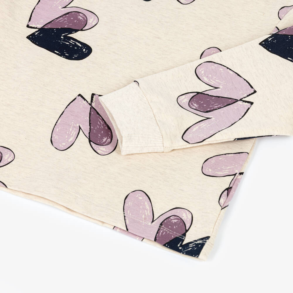 NAME IT-Girls Beige Cotton Sweatshirt with Purple Hearts Print | Childrensalon