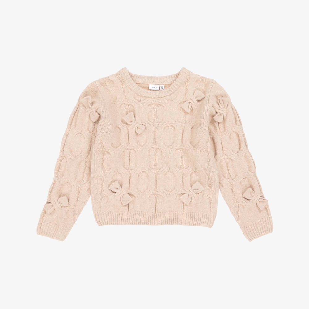 NAME IT-Girls Beige Knitted Sweater with Bows | Childrensalon