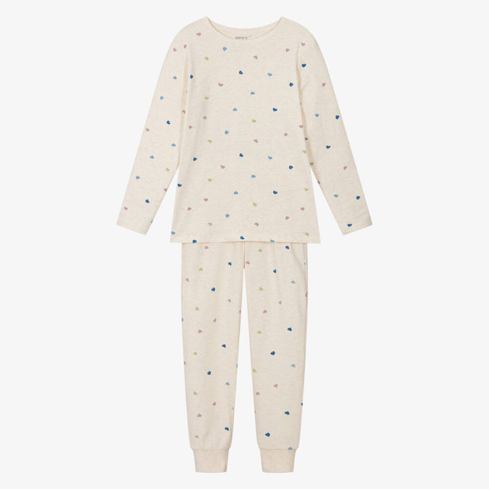 NAME IT-بيجاما قطن عضوي بنقشة قلوب لون بيج للبنات | Childrensalon