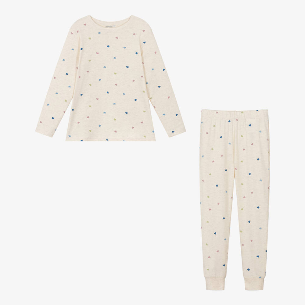 NAME IT-Girls Beige Organic Cotton Pyjamas with Heart Pattern | Childrensalon