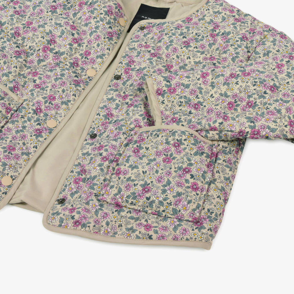 NAME IT-Girls Beige & Pink Floral Print Quilted Jacket | Childrensalon
