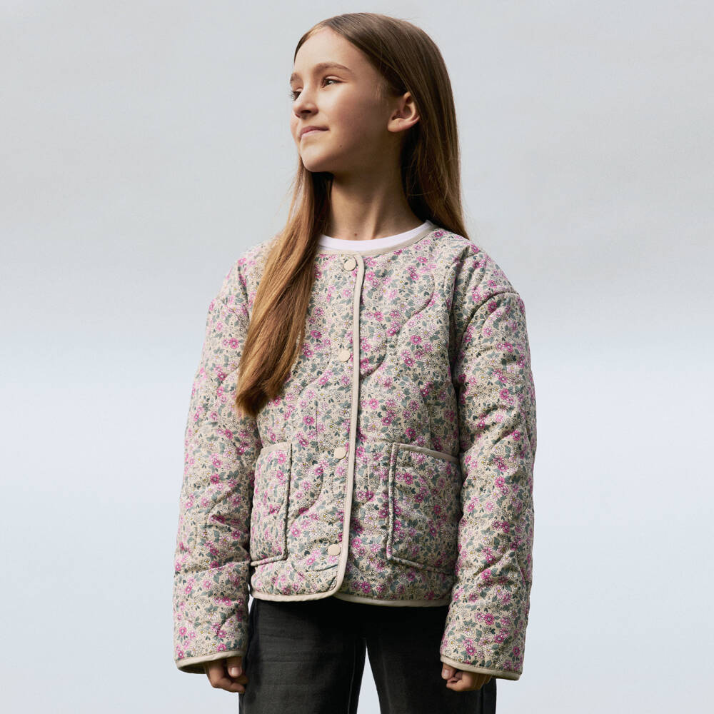 NAME IT-Girls Beige & Pink Floral Print Quilted Jacket | Childrensalon