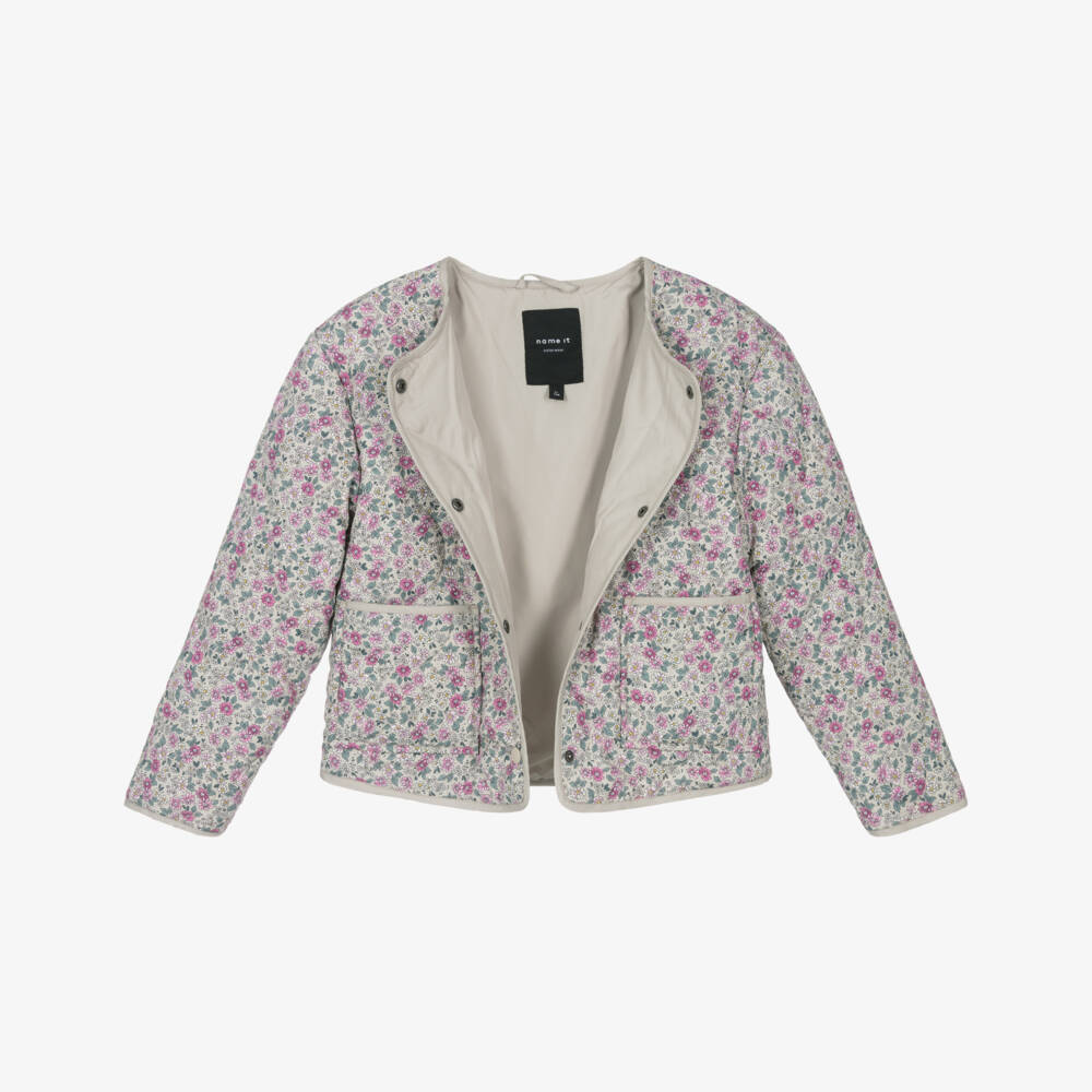 NAME IT-Girls Beige & Pink Floral Print Quilted Jacket | Childrensalon