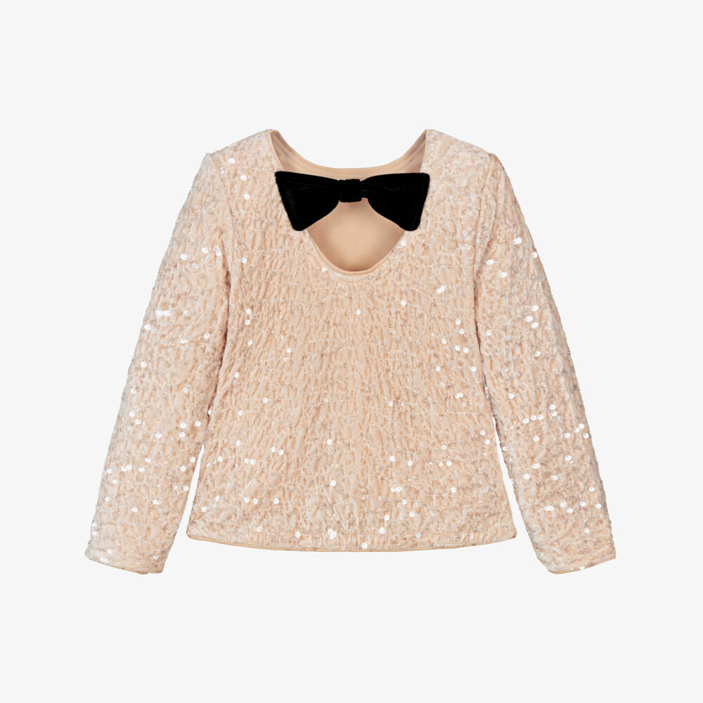 NAME IT-Girls Beige Sequinned Velour Top with Black Bow | Childrensalon