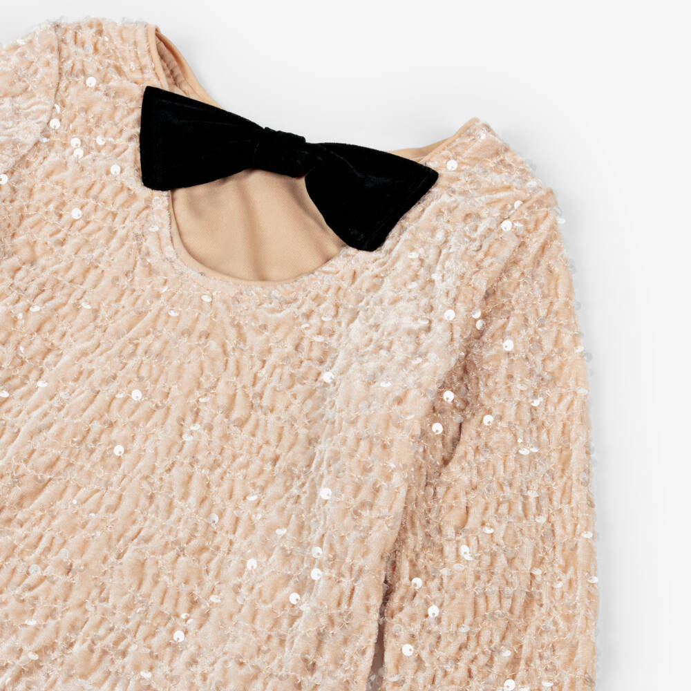 NAME IT-Girls Beige Sequinned Velour Top with Black Bow | Childrensalon