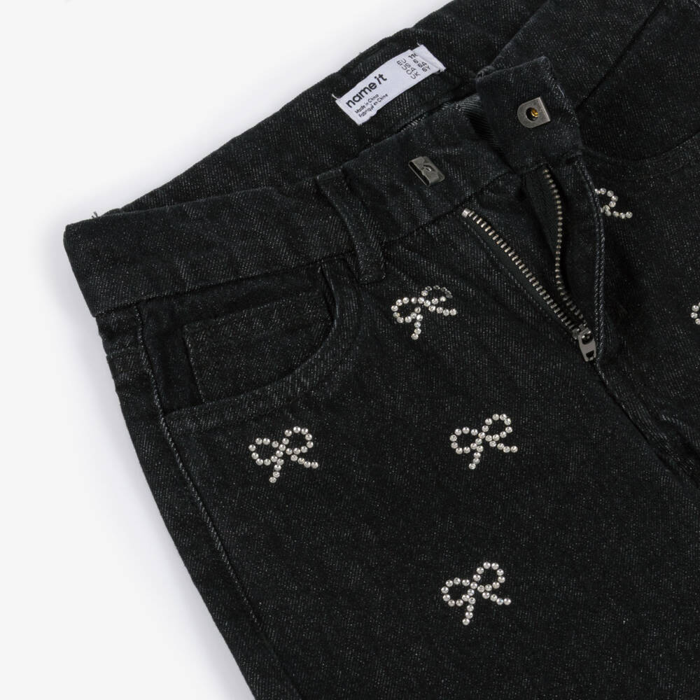 NAME IT-Girls Black Denim Wide Leg Jeans with Diamanté Bows | Childrensalon