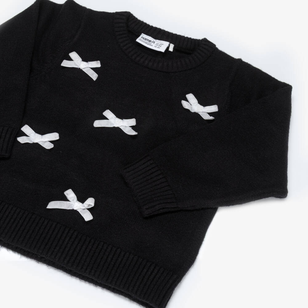 NAME IT-Girls Black Knitted Sweater with White Velvet Bows | Childrensalon