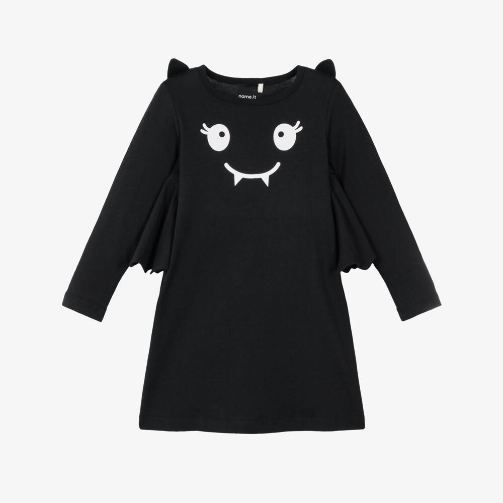 NAME IT-Girls Black Organic Cotton Dress with Bat Wings | Childrensalon