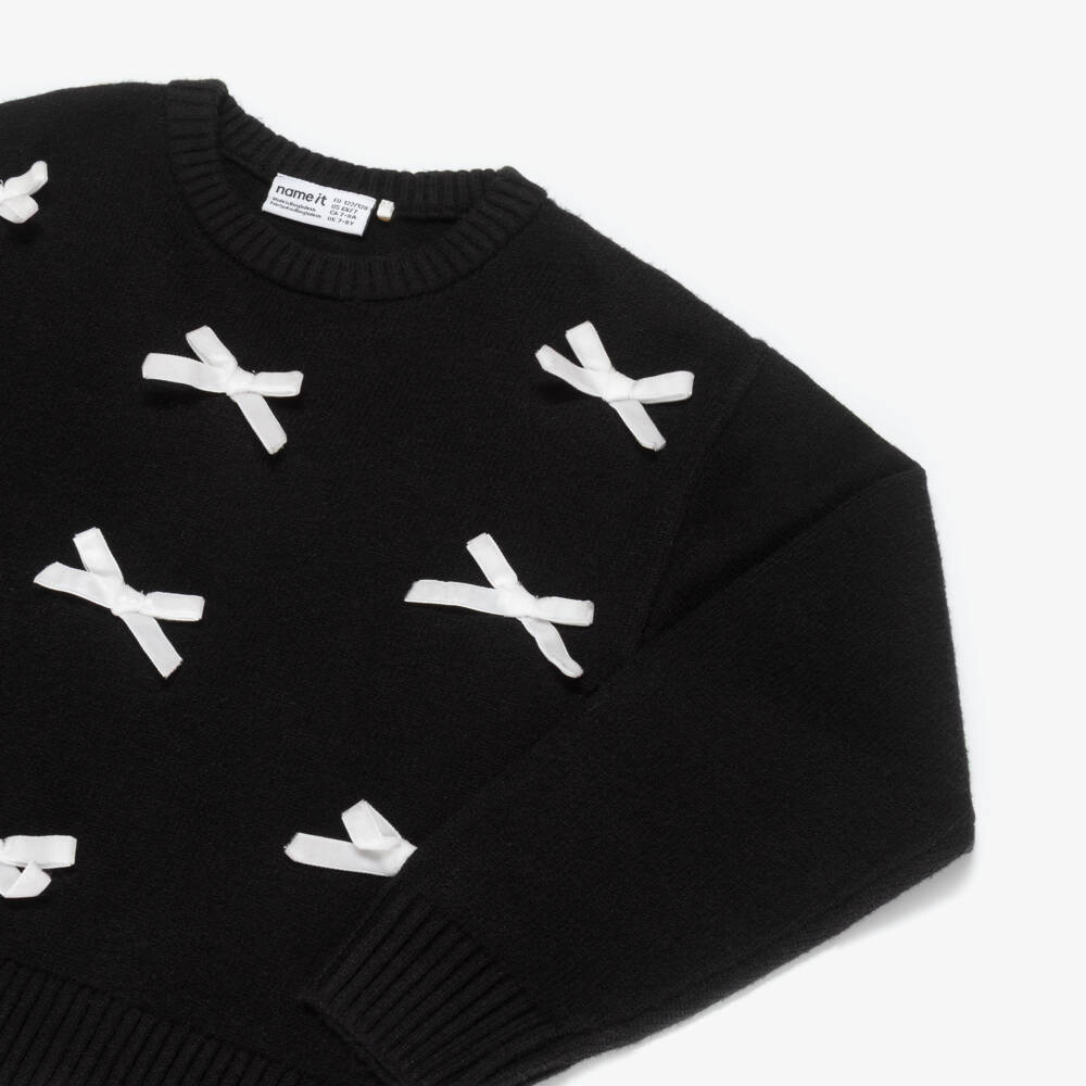 NAME IT-Girls Black & White Velvet Bows Knitted Sweater | Childrensalon