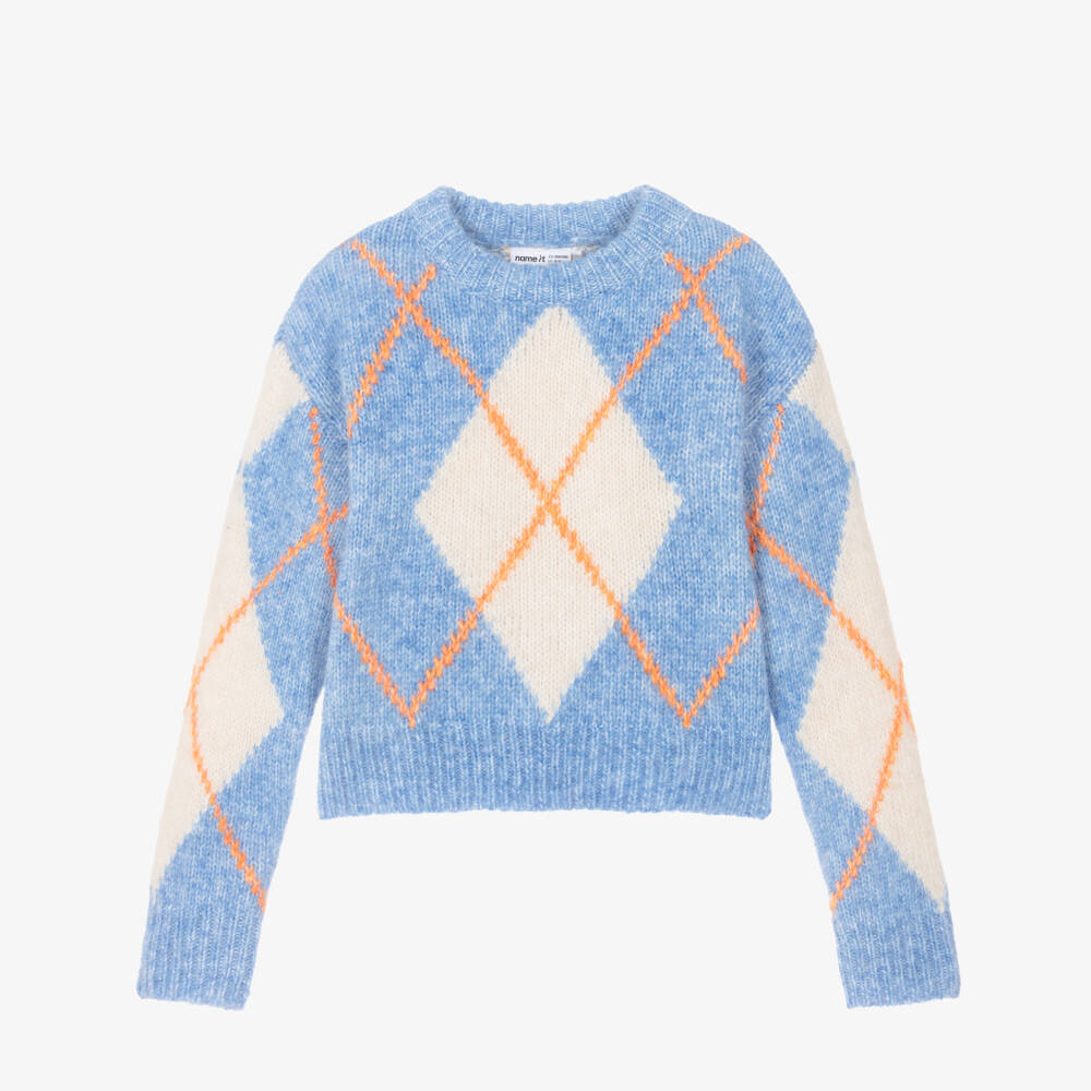 NAME IT-Girls Blue Argyle Knit Sweater | Childrensalon