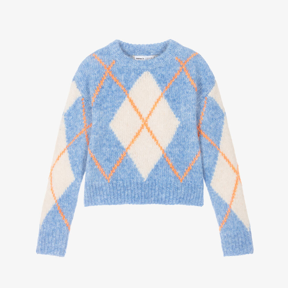 NAME IT-Girls Blue Argyle Knit Sweater | Childrensalon
