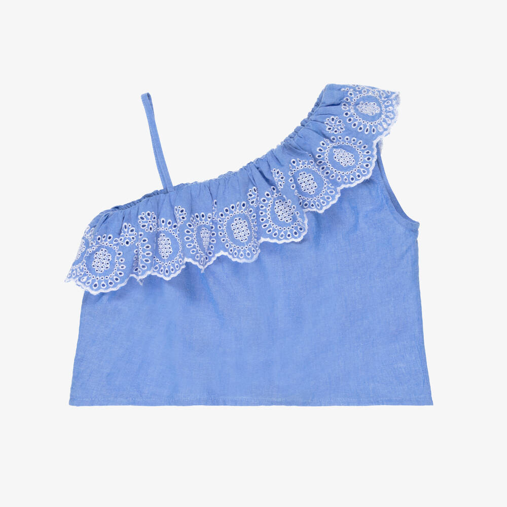 NAME IT-Girls Blue Asymmetric Chambray Blouse with Broderie Detail | Childrensalon