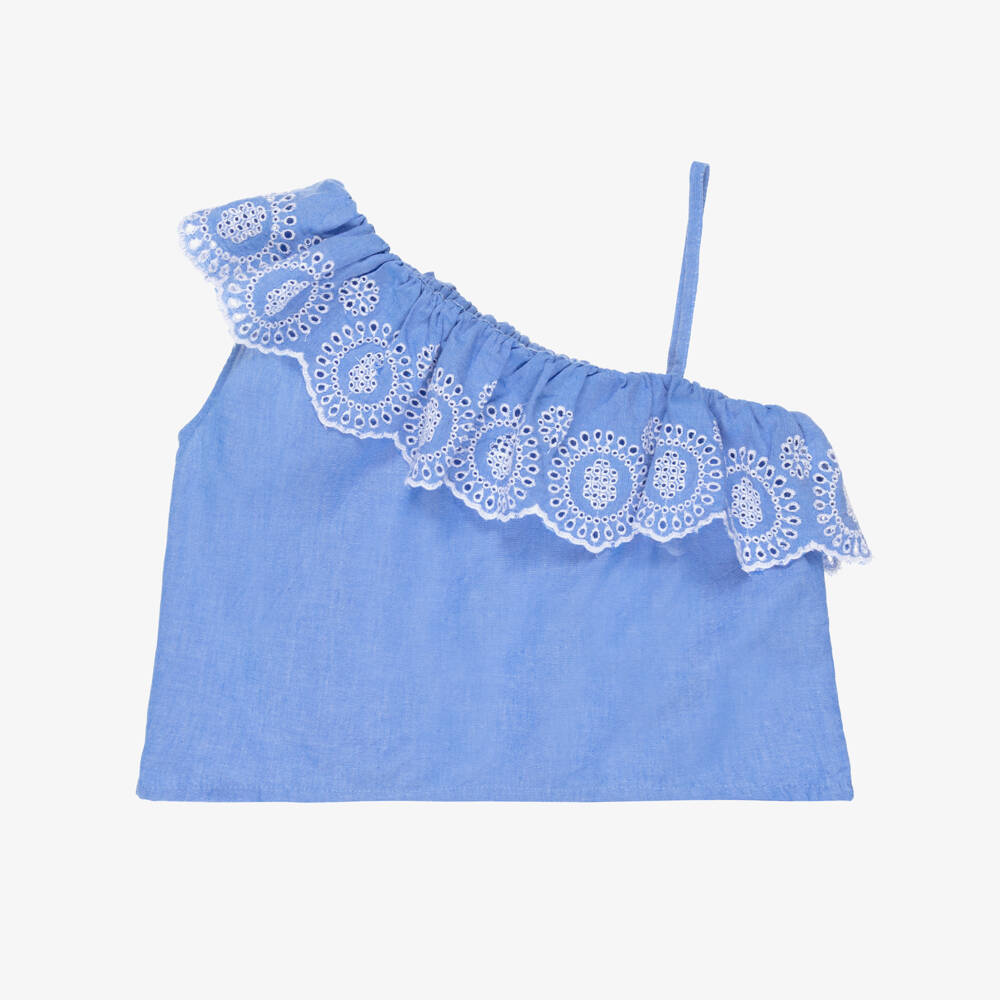 NAME IT-Girls Blue Asymmetric Chambray Blouse with Broderie Detail | Childrensalon