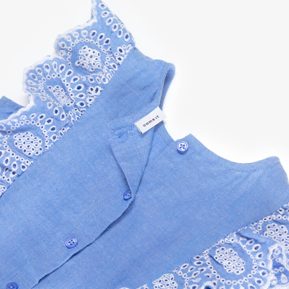 NAME IT-Girls Blue Chambray Blouse with Broderie Detail | Childrensalon