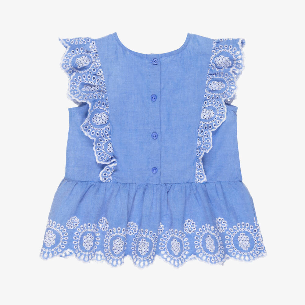 NAME IT-Girls Blue Chambray Blouse with Broderie Detail | Childrensalon