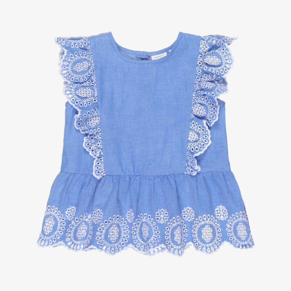 NAME IT-Girls Blue Chambray Blouse with Broderie Detail | Childrensalon