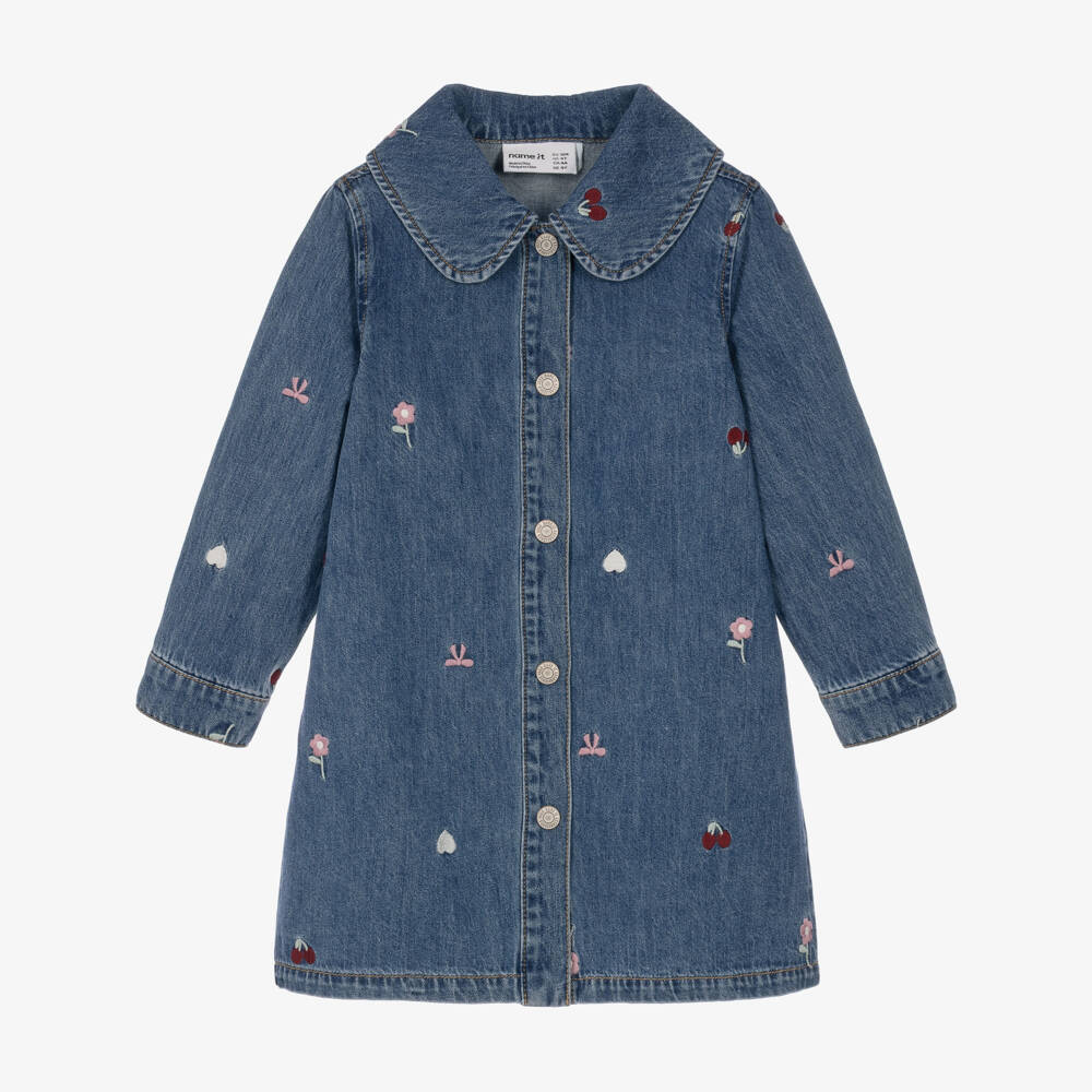 NAME IT-Girls Blue Cotton Denim Dress with Embroidered Motifs | Childrensalon