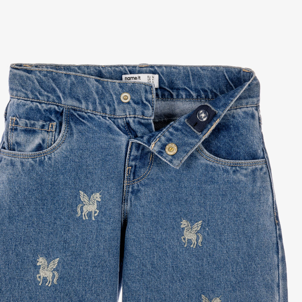 NAME IT-Girls Blue Denim Barrel-Leg Jeans with Unicorn Motifs | Childrensalon