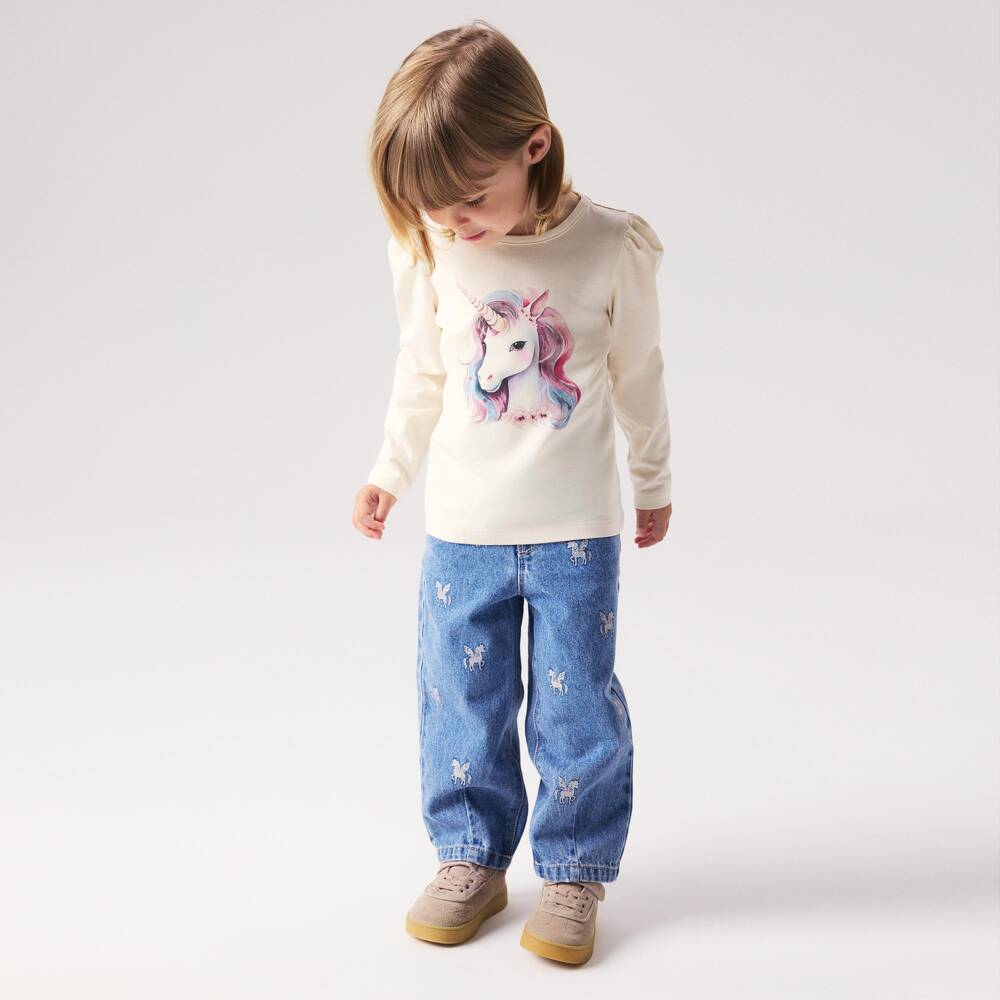 NAME IT-Girls Blue Denim Barrel-Leg Jeans with Unicorn Motifs | Childrensalon