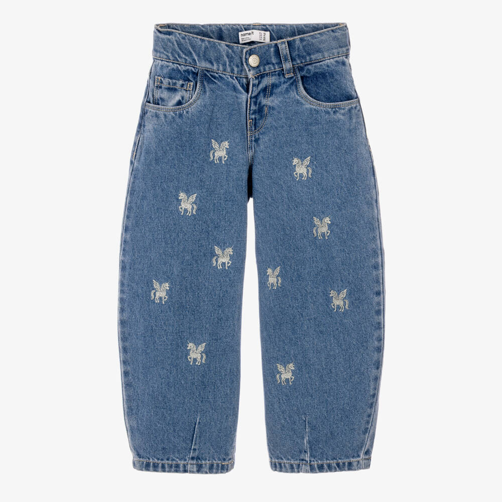 NAME IT-Girls Blue Denim Barrel-Leg Jeans with Unicorn Motifs | Childrensalon