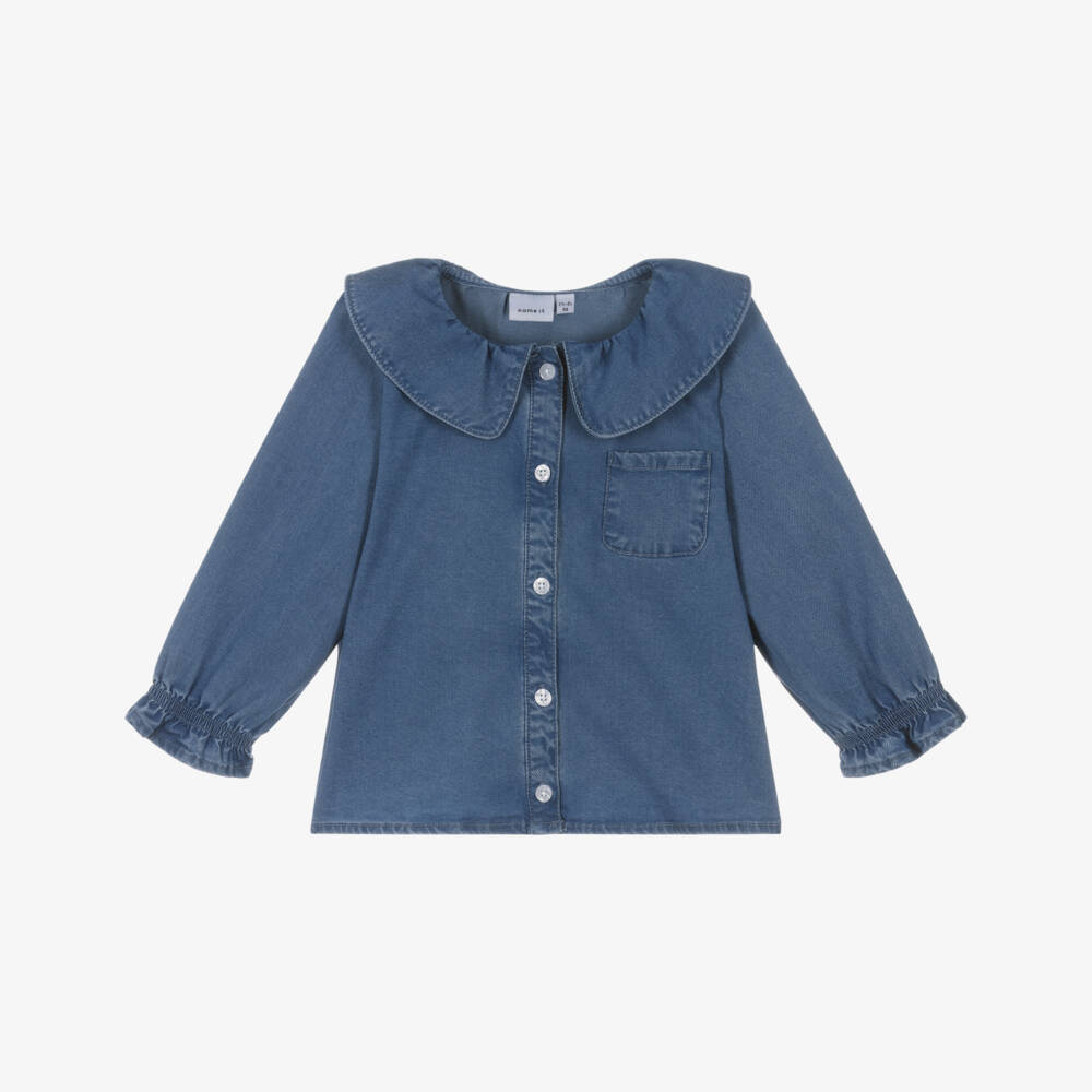 NAME IT-Girls Blue Denim Blouse with Ruffled Collar & Cuffs | Childrensalon