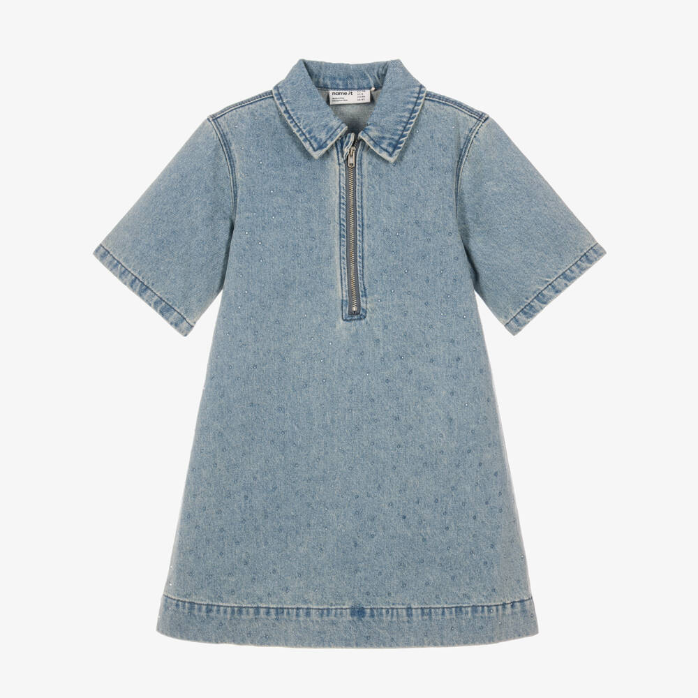 NAME IT-Girls Blue Denim Dress with Diamantés | Childrensalon
