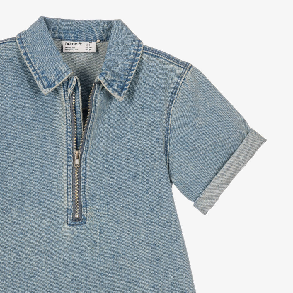 NAME IT-Girls Blue Denim Dress with Diamantés | Childrensalon