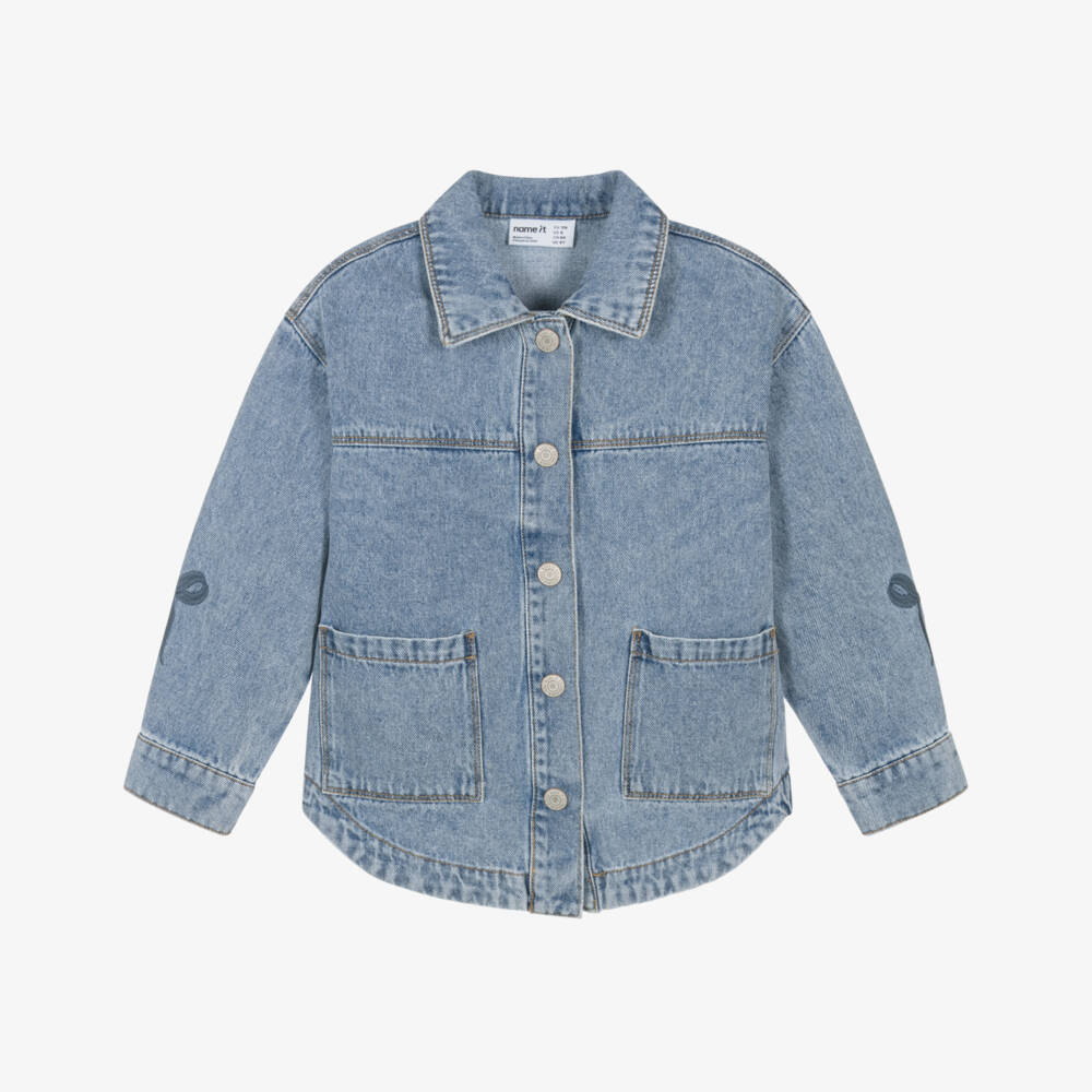 NAME IT-Girls Blue Denim Jacket with Embroidered Bows | Childrensalon