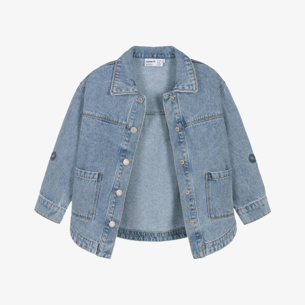 NAME IT-Girls Blue Denim Jacket with Embroidered Bows | Childrensalon