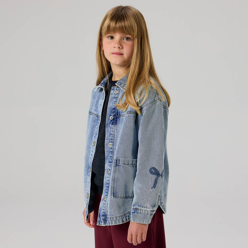 NAME IT-Girls Blue Denim Jacket with Embroidered Bows | Childrensalon